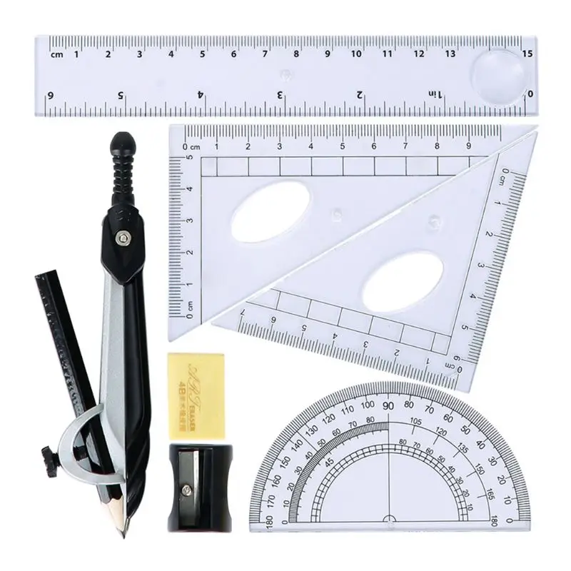 7pcs/set Math Geometry Protractor Drawing Compass Ruler Triangle Study Tool Kit School Supplies | Канцтовары для офиса и дома