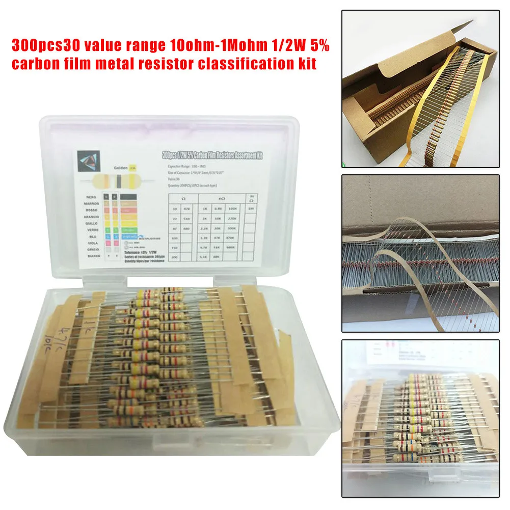 

300pcs30 Value Range 100% Brand New And High Quality 10ohm-1Mohm 1/2W 5% Carbon Film Metal Resistor Kit