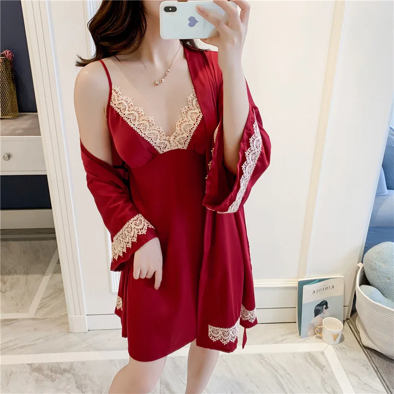 

Lady Lace Patchwork Nightgown Bathrobe Satin Nighty&Robe Suit Sexy 2PCS Robe Set Kimono Gown Intimate Lingerie Silky Homewear