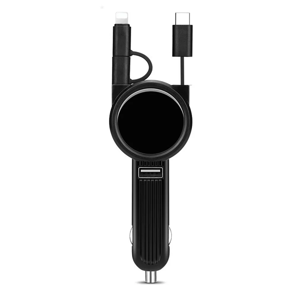 Автомобильное зарядное устройство с телескопическим кабелем для Micro USB Type C