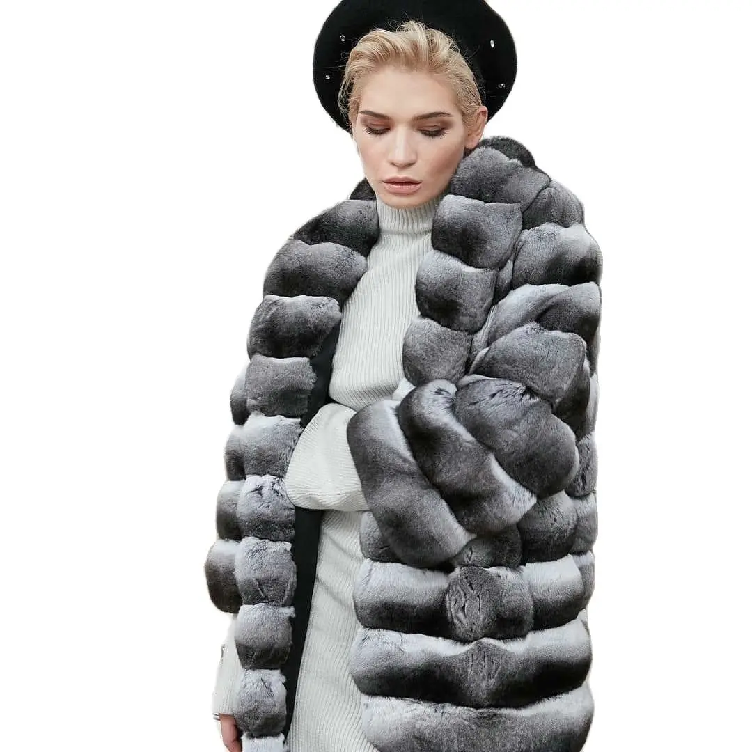 Mid-length Natural Rex Rabbit Fur Jacket Women Thick Fur Overcoat Winter New Chinchilla Color Genuine Rex Rabbit Fur Coat Woman enlarge