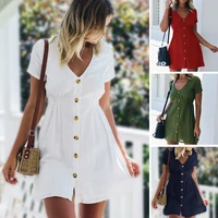 womens dress 2021 springsummer pure color single row buttons v neck dress women slim high waist casual dress vestido