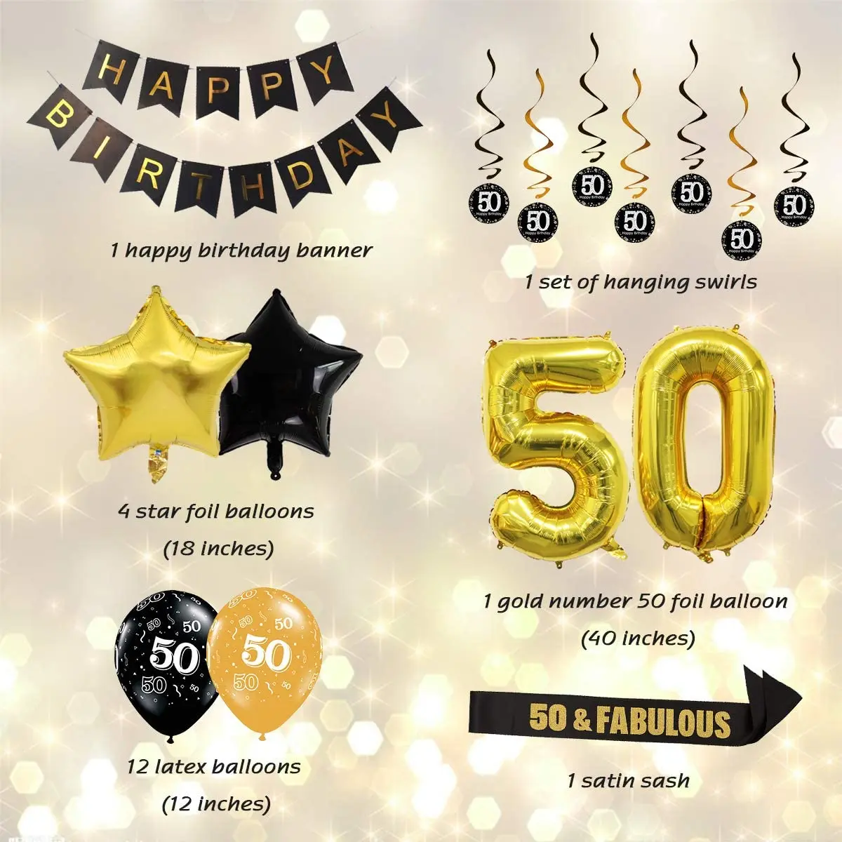 

50th Birthday Party Decoration Black and Gold Hanging Swirls Number 50 Balloon Sash for Men Women 50th Years Old Party Supplies