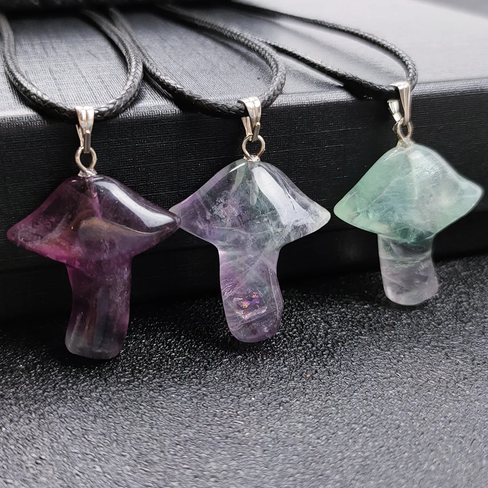 

6pcs New Arrival Natural Fluorite Stone Mushroom Pendant Umbrella Shape Necklace Energy Healing Meditation Pendulum 23*28mm