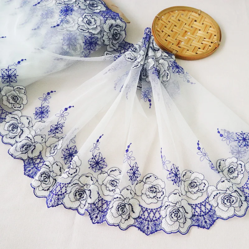 30 см Широкий двойной боковой синий сеточка вышитая цветами с кружевной отделкой