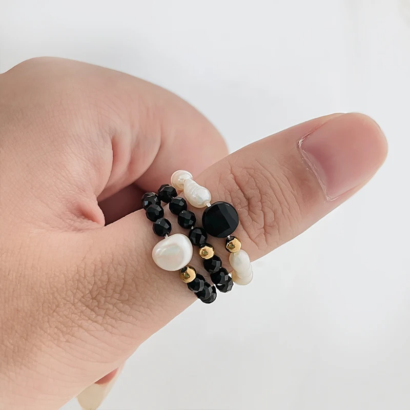 

New Arrival Fashion Freshwater Pearl Rings for Womens Geometric Obsidian Stainless Steel Ring Minimalist Jewelry for Girls Party