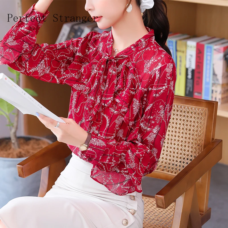 

2020 Autumn New Arrival Hot Sale Bow Collar Long Sleeve Printed Women Chiffon Blouse High Quality