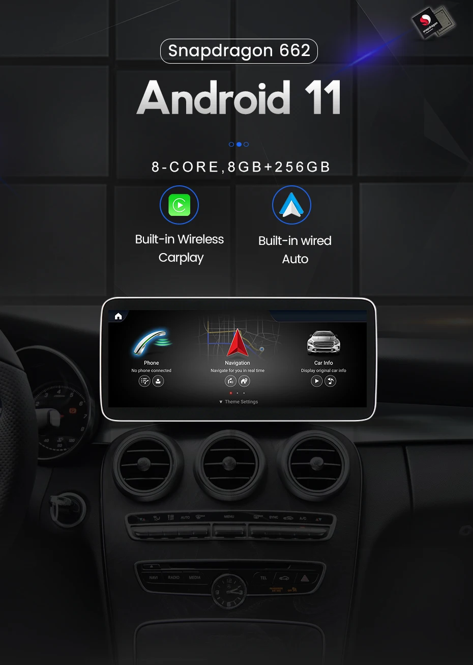 Антибликовый экран Android 11 8 ядер ГБ ОЗУ 256 Гб ПЗУ для Mercedes Benz C-Class W204 S204 2008-2013