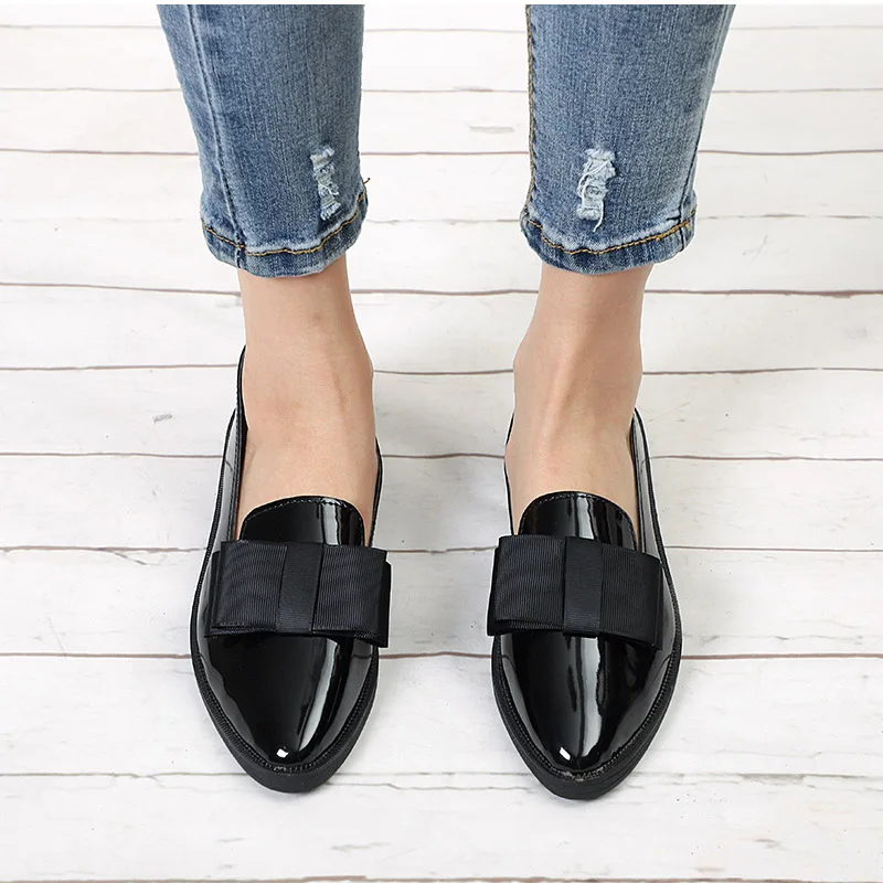 

Dropshipping Flats Women Shoes Bowtie Loafers Patent Leather Women's Low Heels Slip On Footwear Female Pointed Toe Thick Heel