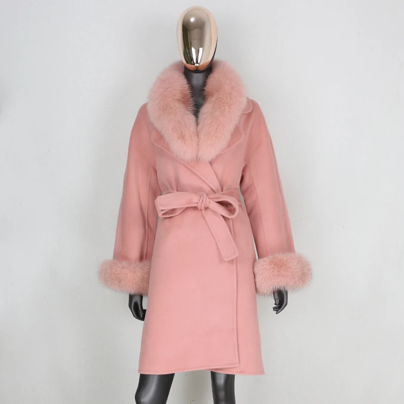 

CXFS Real Fur Coat Winter Jacket Women Natural Fox Fur Collar cuffs Cashmere Wool Blends Long Outerwear Belt loose Streetwear