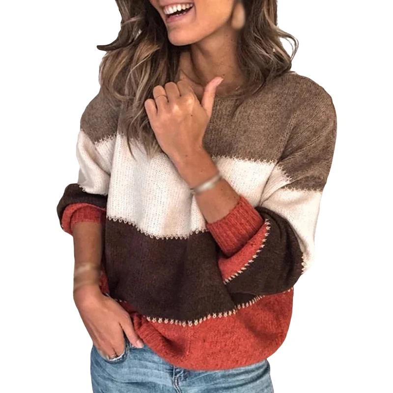 

Autumn Winter Striped Sweater Ladies Loose Knitted Striped Sweater Elegant Jumper Long Sleeve O-neck Pullover Tops BGTYG1