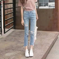 ripped jeans womens 2021 new spring and summer thin pants loose nine points thinner all match straight leg mother jeans