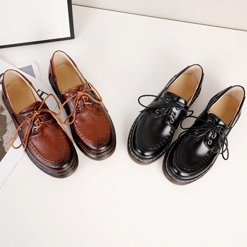 

WETKISS Women Pu Flats Round Toe Cross Tied Platforms Rubber Skid Proof Lace Up Shoes School Style 2021 Female Oxford Shoes