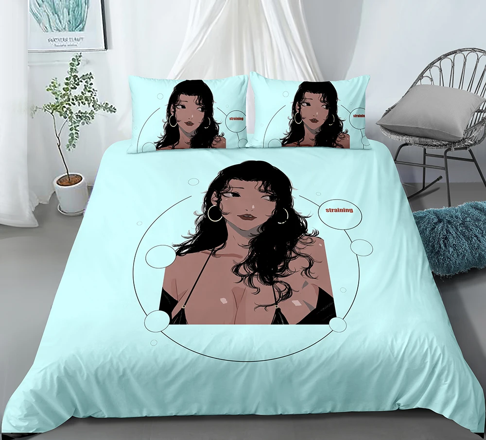 

2/3 Pieces Glamour Woman Bedding Set Blue Background Duvet Cover Cartoon Luxury Modern Bed Quilt Cover Pillowcase (No sheet)