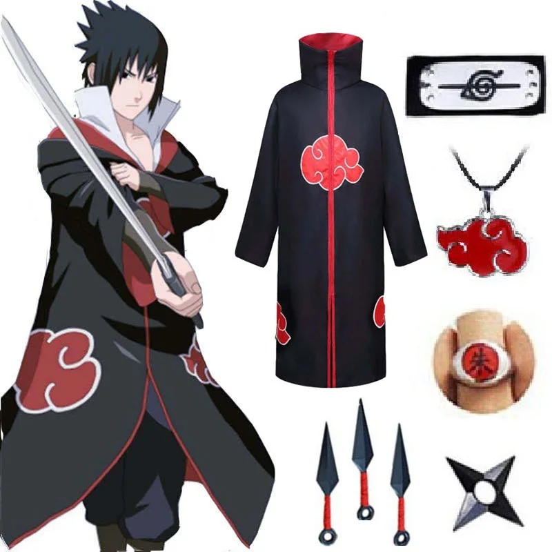 

Anime Akatsuki Halloween Cosplay Costumes Headband Ring Kunai Cloak Cape Itachi Robe for Kids Aldult Women Men Boys Girls Xmas