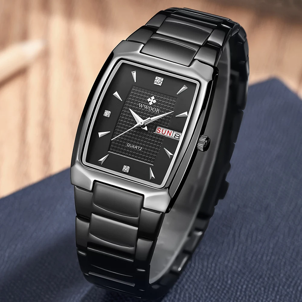 2021 New WWOOR Fashion Full Black Watch Men Sports Business Square Quartz Clock Male Steel Waterproof Week And Date Reloj Hombre
