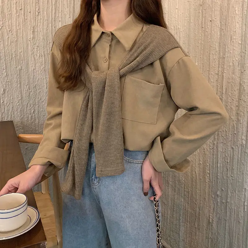 

Spring and Autumn 2021 new Joker retro fake two-piece shawl design shirt blouse coat
