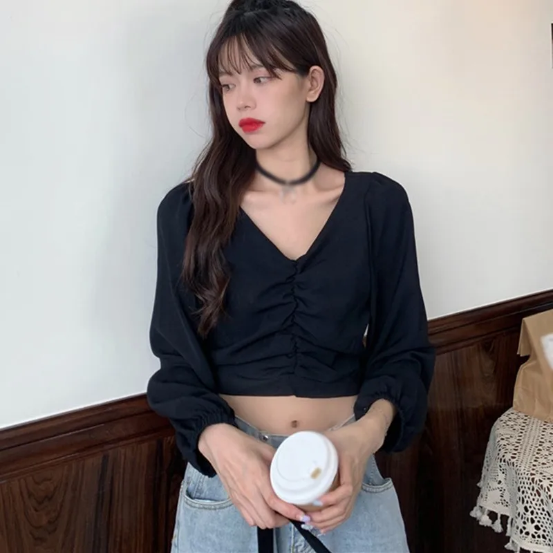 

New Women Long Sleeve Shirt Blouses Black White V-Neck Casual Sweet Shirts Sexy Cropped Tops Short Blouses