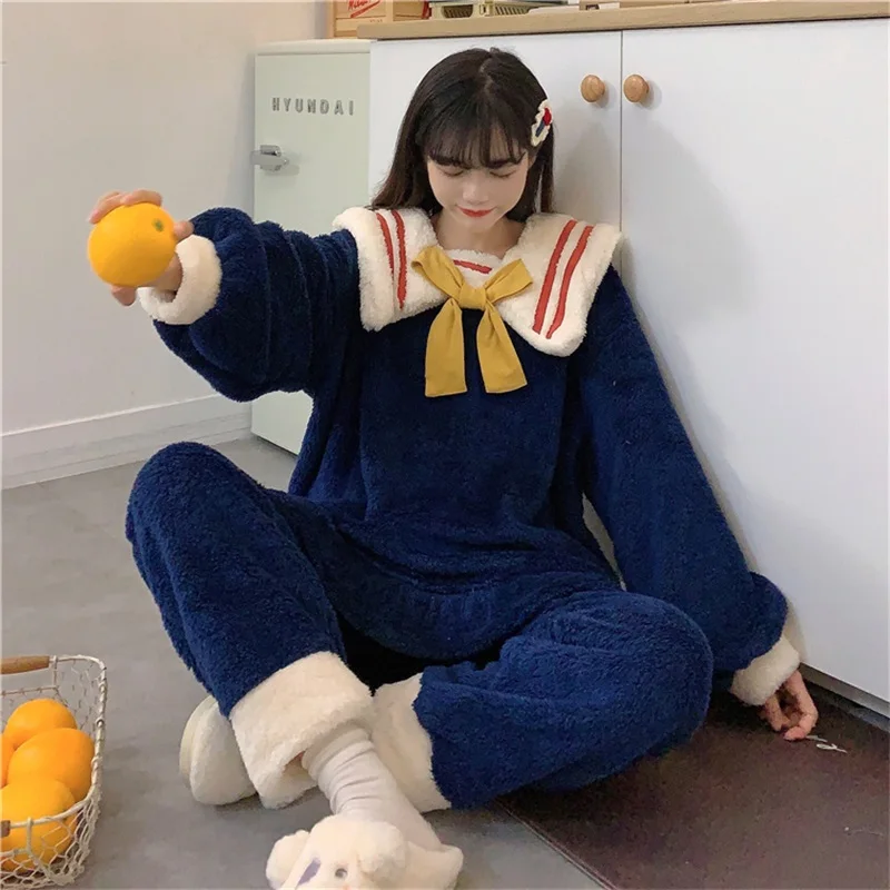 Tracksuit Sweety Girly Kawaii Peter Pan Collar Bow Color Contrast Full Sleeve Ruffle Tops Fleece Home Pajamas Two-Piece Suit