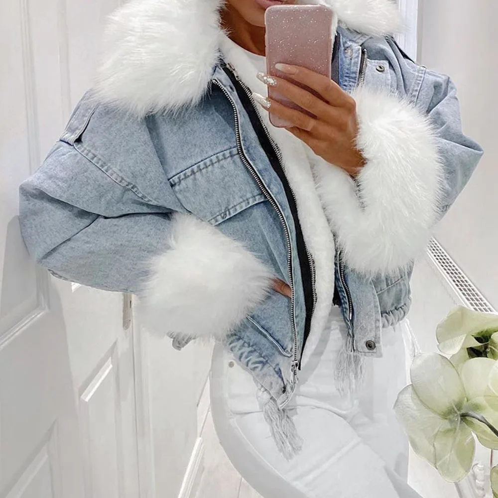 

Plus Size 3xl Denim Outwear Thicken Clothesautumn Winter Women Jacket Coat Warm Faux Fur Short Jean Jackets 2021 Ladies Fashion