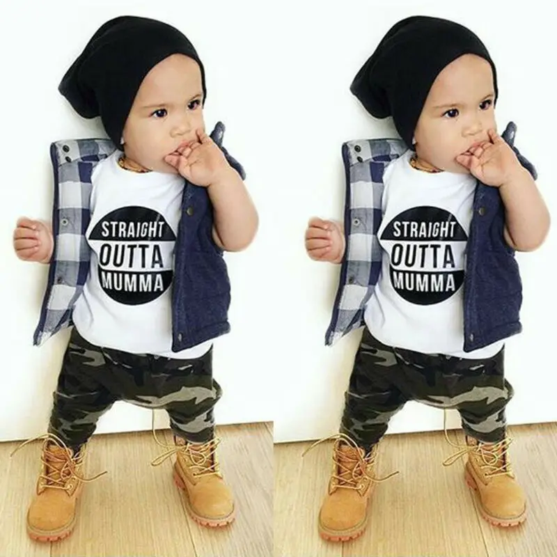 Emmababy 2PCS 0-3T Toddler Baby Cool Kids Boy Clothes Top T-shirt Camouflage Pants Outfits Set |