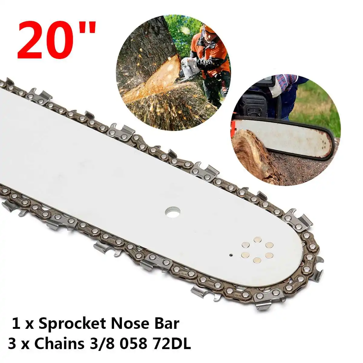 

20 Inch Bar + 3/8L 3 Pcs Chains Chainsaws Chain Saw Power Tool Accessory Fit for Husqvarna Chainsaws Running 3/8'' 058 72DL