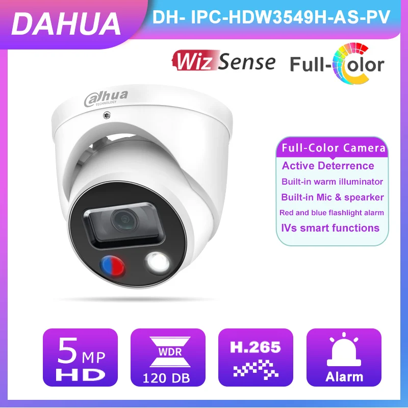 

Полноцветная IP-камера Dahua WizSense IPC-HDW3549H-AS-PV, 5 Мп, активное Отпугивание, встроенный микрофон, аудио и сигналы ввода/вывода, H.265, IP67, камера видеон...