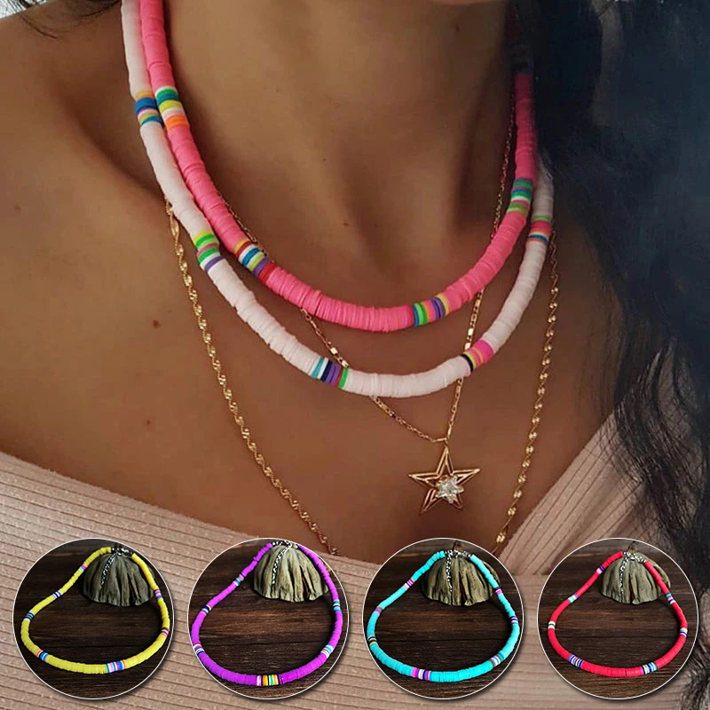 

Boho Style Necklace Colorful Clay Beaded Choker Party Rainbow Polymer Clay Necklace Jewelry Gifts for Womens Girls Adjustable