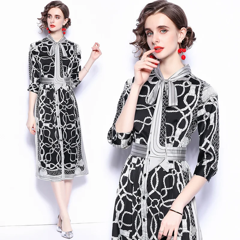 

Simgent Bow Blouse Dress Summer Women Three Quarter Sleeve Elegant Vintage Dresses Midi Robe Femme Vestidos Jurken SG1534