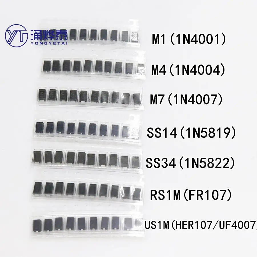 

YYT 7 kinds*10pcs=70pcs/lot SMD diode package / M1 (1N4001) / M4 (1N4004) / M7 (1N4007)/ SS14 US1M RS1M SS34 KIT