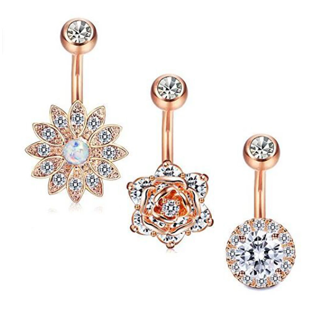 

3 Pcs/Set Flower Round Shape Navel Piercings Bell Button Rings Barbell Zircon Stainless Steel Woman Body Jewelry Accessories