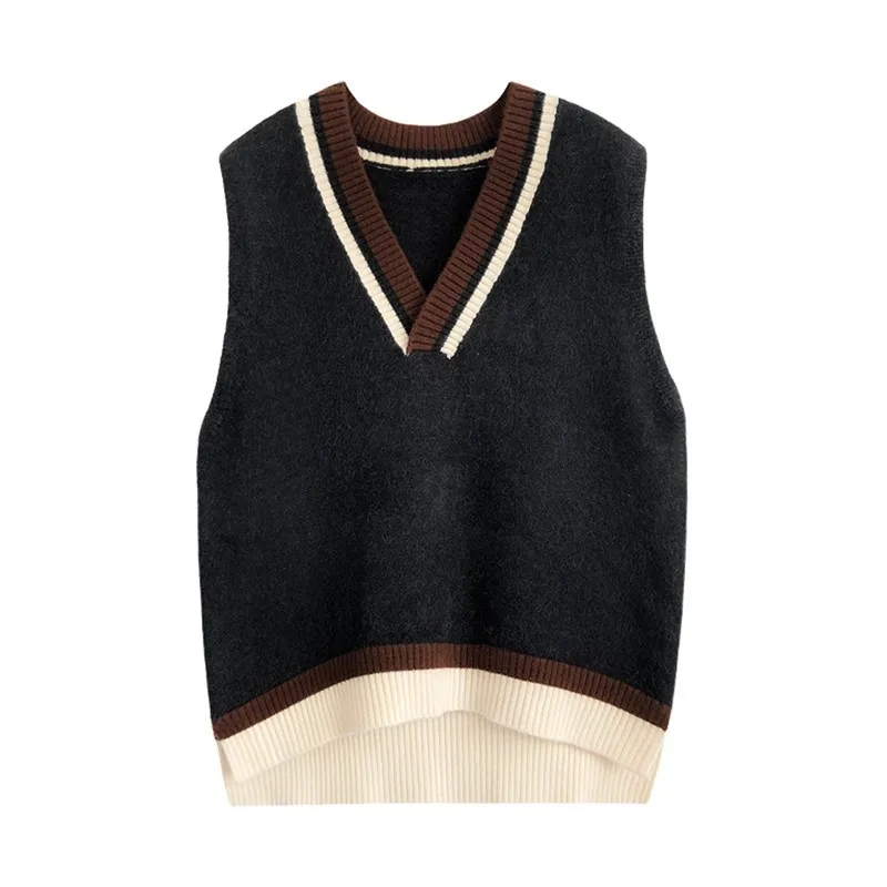 

Early spring 2020 new school college wind color matching V-neck sweater women's head vest loose knit vest