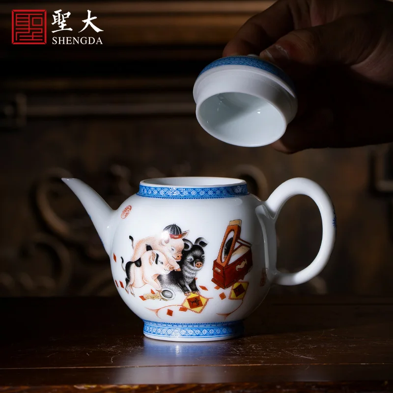 

Hand painted new color enamel border decoration golden pig send Fu teapot handmade Jingdezhen tea set
