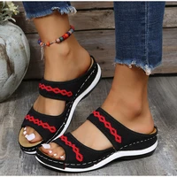 women knitted slippers wedges mesh casual light slides rome color match print pattern soft sole sewing waliking shoes 35 43 size