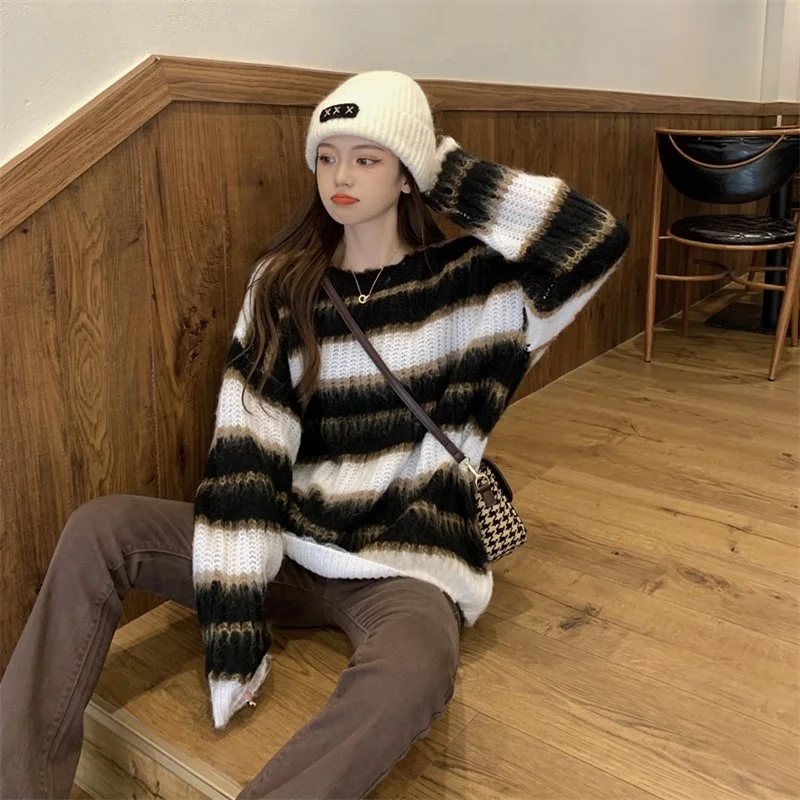 Loose Pullover Lazy Wind Contrast Striped Sweater Missing Lower Body Autumn Winter Casual Women's Rac | Женская одежда