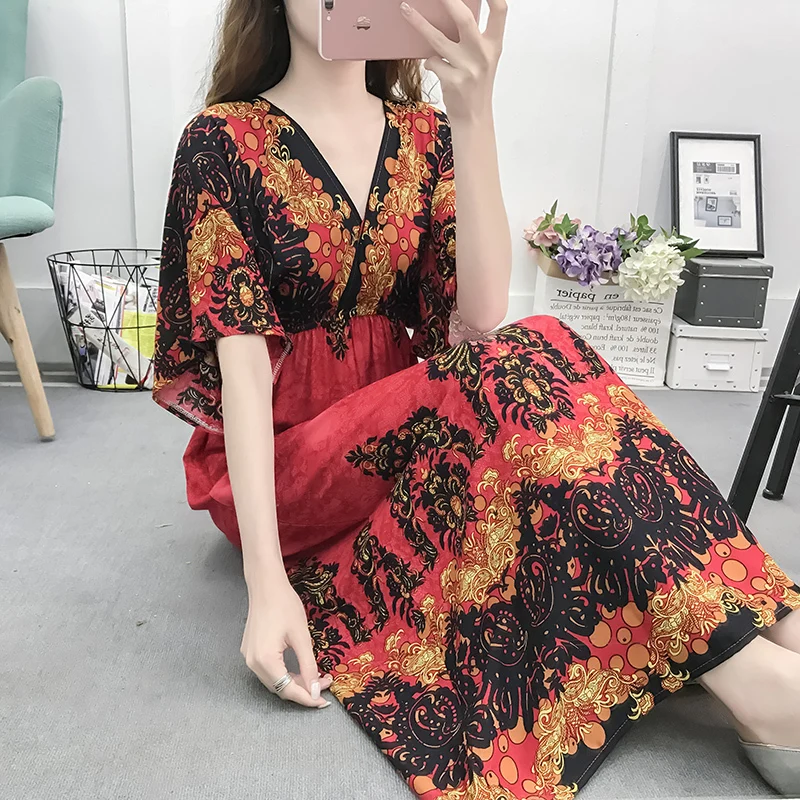 Летнее женское платье-макси с цветочным принтом и V-образным вырезом | Женская