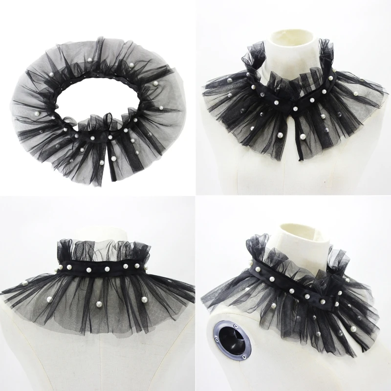 

Women Imitation Pearl Beading Ruffled Mesh False Fake Collar Vintage Neck Ruff Detachable Evening Shawl Wrap Chocker
