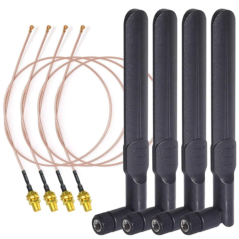 Dual Band WiFi 2.4GHz 5GHz 5.8GHz 8DBi RP-SMA Male Antenna 20cm 8 Inch RG178 U.FL IPX IPEX to RP-SMA Female Cable 4-Pack