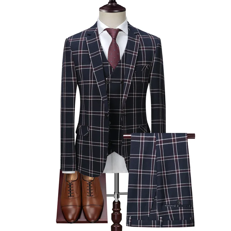 Мужские Клетчатый костюм набор High End Тонкий Банкетный с деловым блейзером пальто