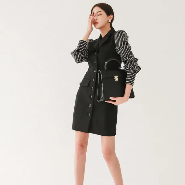 

Elegant Runway single-breasted stripe Long sleeve patchwork Coat Dress 2020 Women Notched Collar Ladies Classic Slim Outerwear