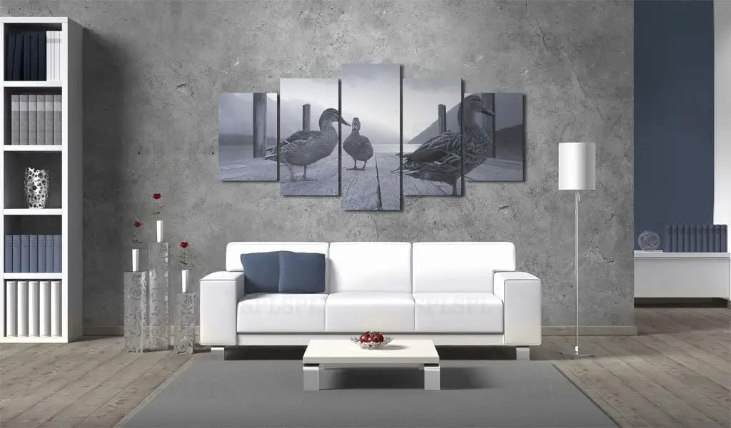 

Canvas Print Art Ducks on A Pier Modern Wall Decor Animals Picture Gray Painting NO Framed Ready To Hang 5 Piece Artwork