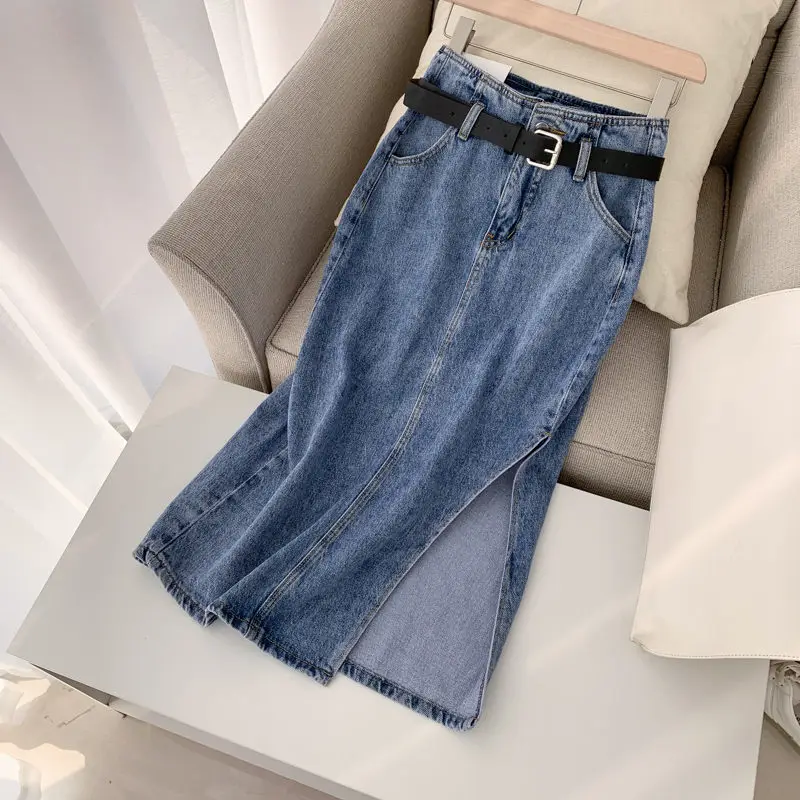 

Zipper Side Slit Denim Skirt Women Mid-Length High-Waisted Slim Retro Casual Fashion Jeans Saia Midi Elegant Female Jupe zh028