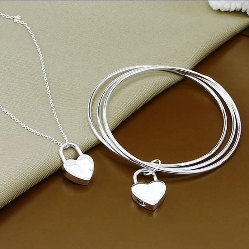 

925 Sterling Silver Heart-Shaped Chain Pendant Necklace Bracelet Set For Female Engagement Party Wedding Fashion Charm Jewelry