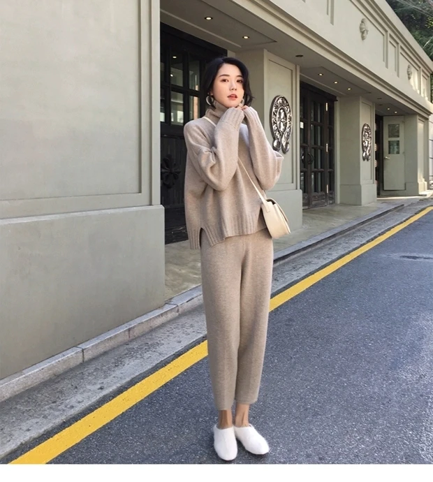 New arrival Autumn winter Knitted Tracksuit Turtleneck Sweatshirts for Women Suit Clothing 2 Pcs Set Knit top Pants suit Female