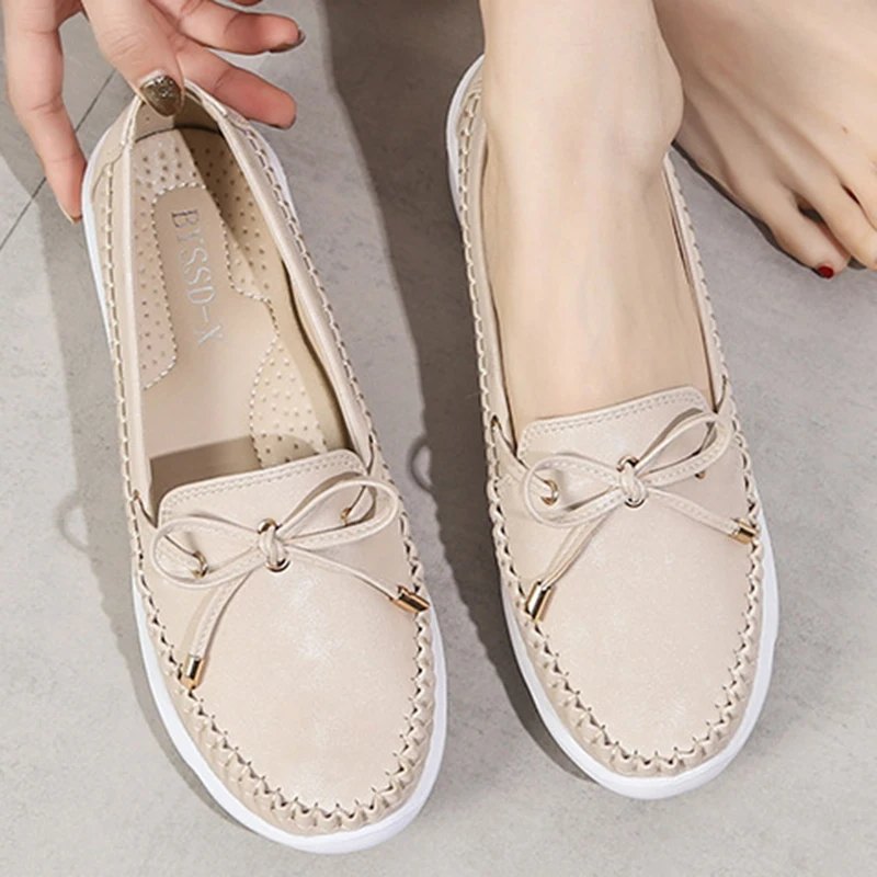 

Spring Autumn Women Flats Ladies Casual Leather Shoes Leather Moccasin Fashion Female Driving Shoes Comfortable Bow-Knot sh263
