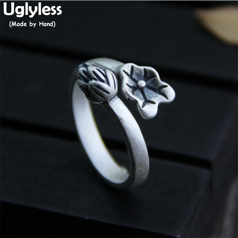 

Uglyless Real 990 Fine Silver Women Lotus Bud Flower Leaf Rings Ethnic Vintage Jewelry China Chic Thai Silver Ring Retro Bijoux
