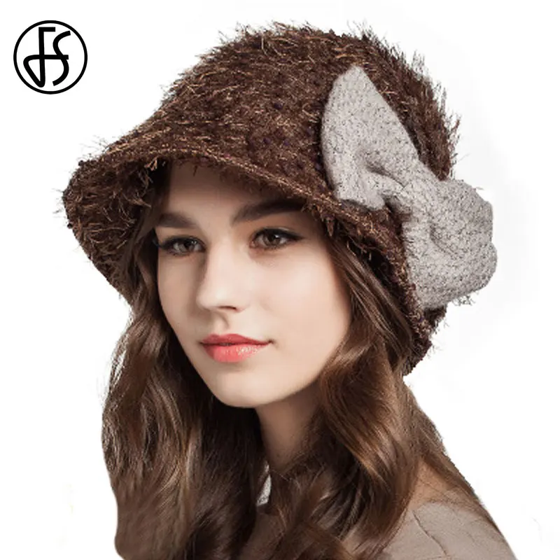 Brown buket hat FS модная женская шерстяная шляпа, зимние складывающиеся синие оранжевые коричневые фетровые шляпы с бантом, женские теплые шапки Sombrero De Pesca Mujer - Цвет: Brown buket hat