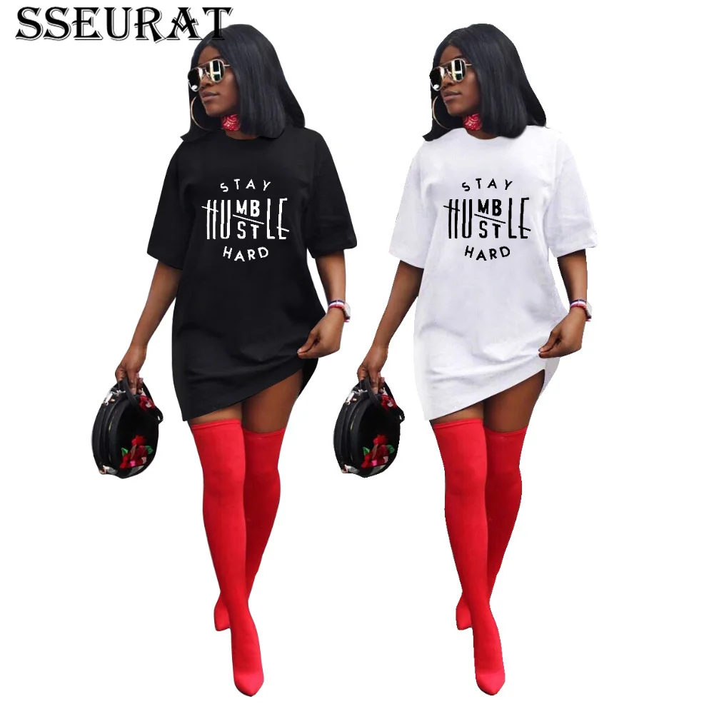 

SSEURAT Women Letter Print O-neck Short Sleeve T-Shirt Dress Fashion Streetwear Dresses 2021