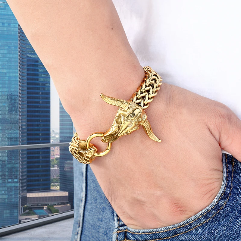 

Браслет мужской из нержавеющей стали, классический браслет ручной работы с звеньями головы коровы, ювелирное изделие