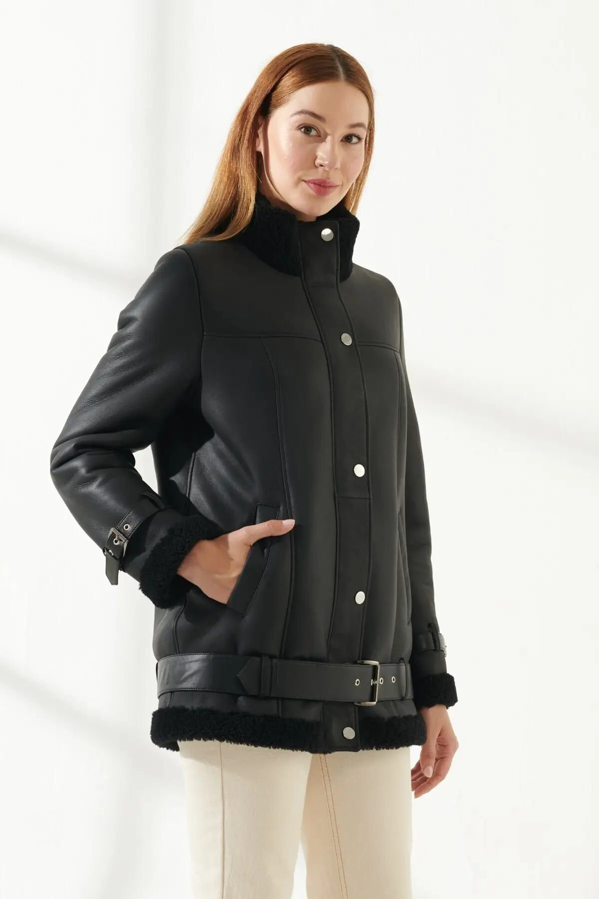Women's Winter Fur Coat Wool Sheepskin Jacket Genuine Slim Fit Biker Sheepskin Fashion Clothing Turkiyede Produced Keeps you Warm